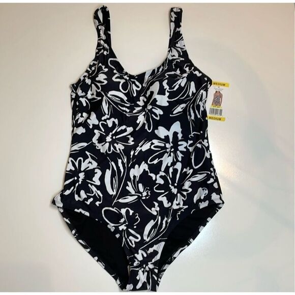 Hurley Women's XL One Piece Swimsuit Black White Floral UPF 50+ Sun Protection - Picture 4 of 14